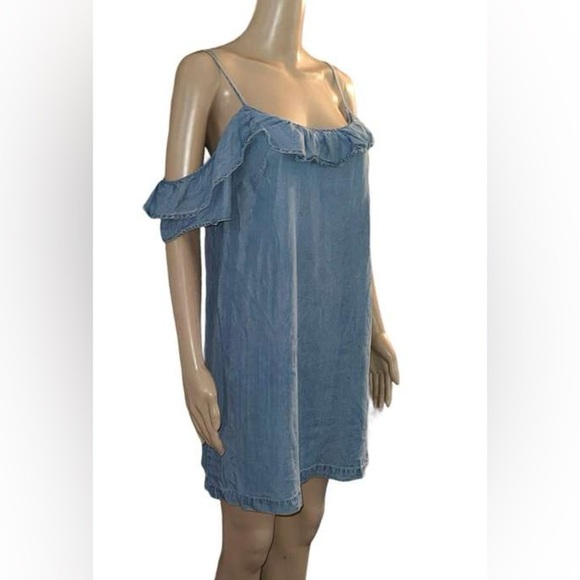 Abercrombie Fitch Blue DENIM Jean Ruffle Cold Shoulder Dress - Picture 3 of 4